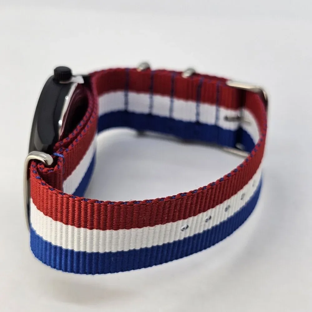 Field Men's Watch 42MM Black Dial Black Case Blue White Red Canvas Band‎ Strap